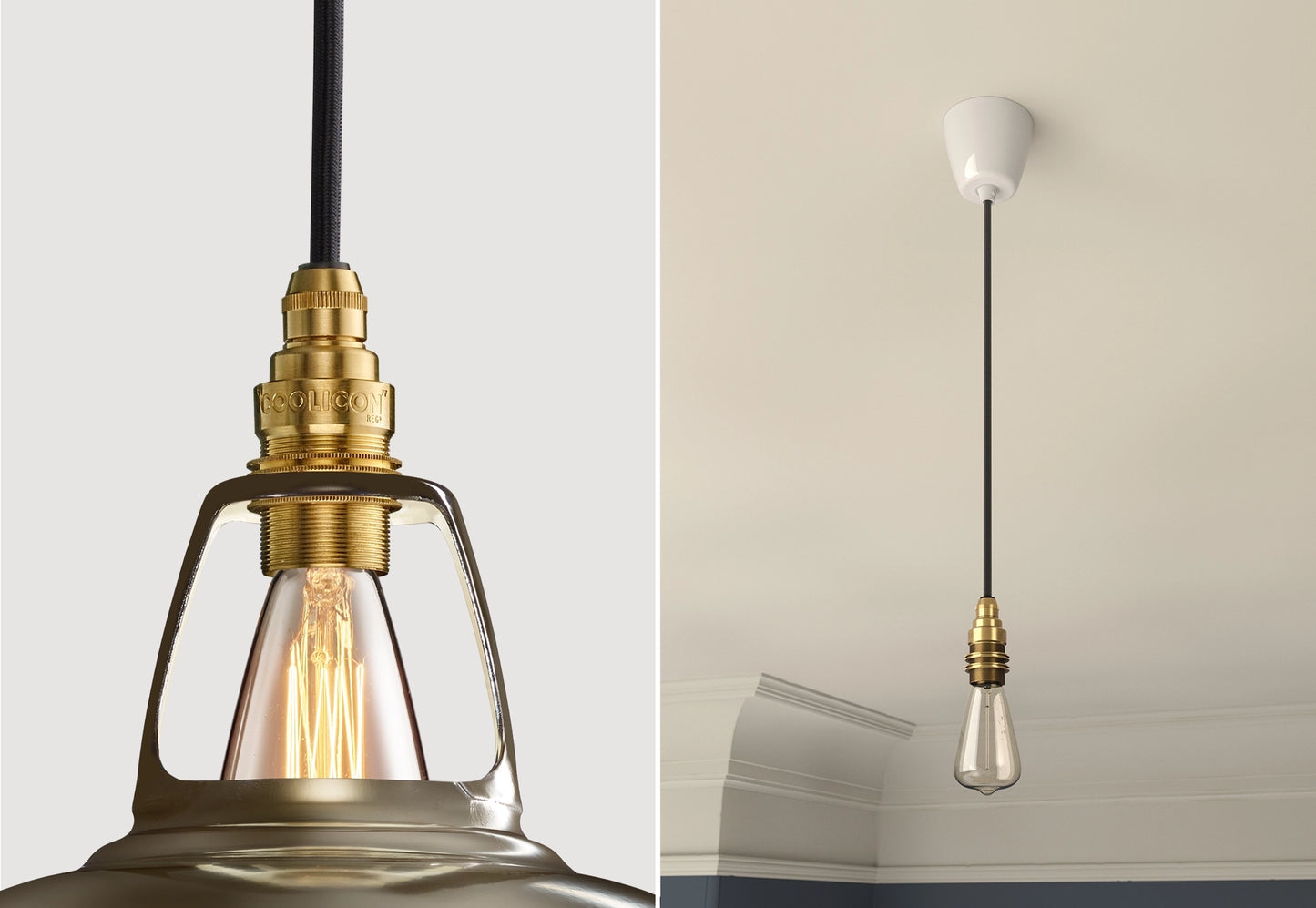 Close up of an E14 Brass suspension set on an Antinium shade on the left. On the right, an E14 Brass pendant set with a lightbulb is hanging from the ceiling