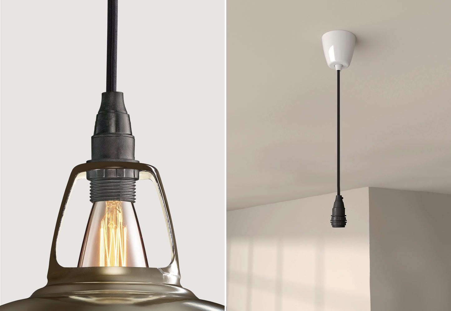 Close up of an E14 Industrial suspension set on an Antinium shade on the left. On the right, an E14 Industrial pendant set is hanging from the ceiling