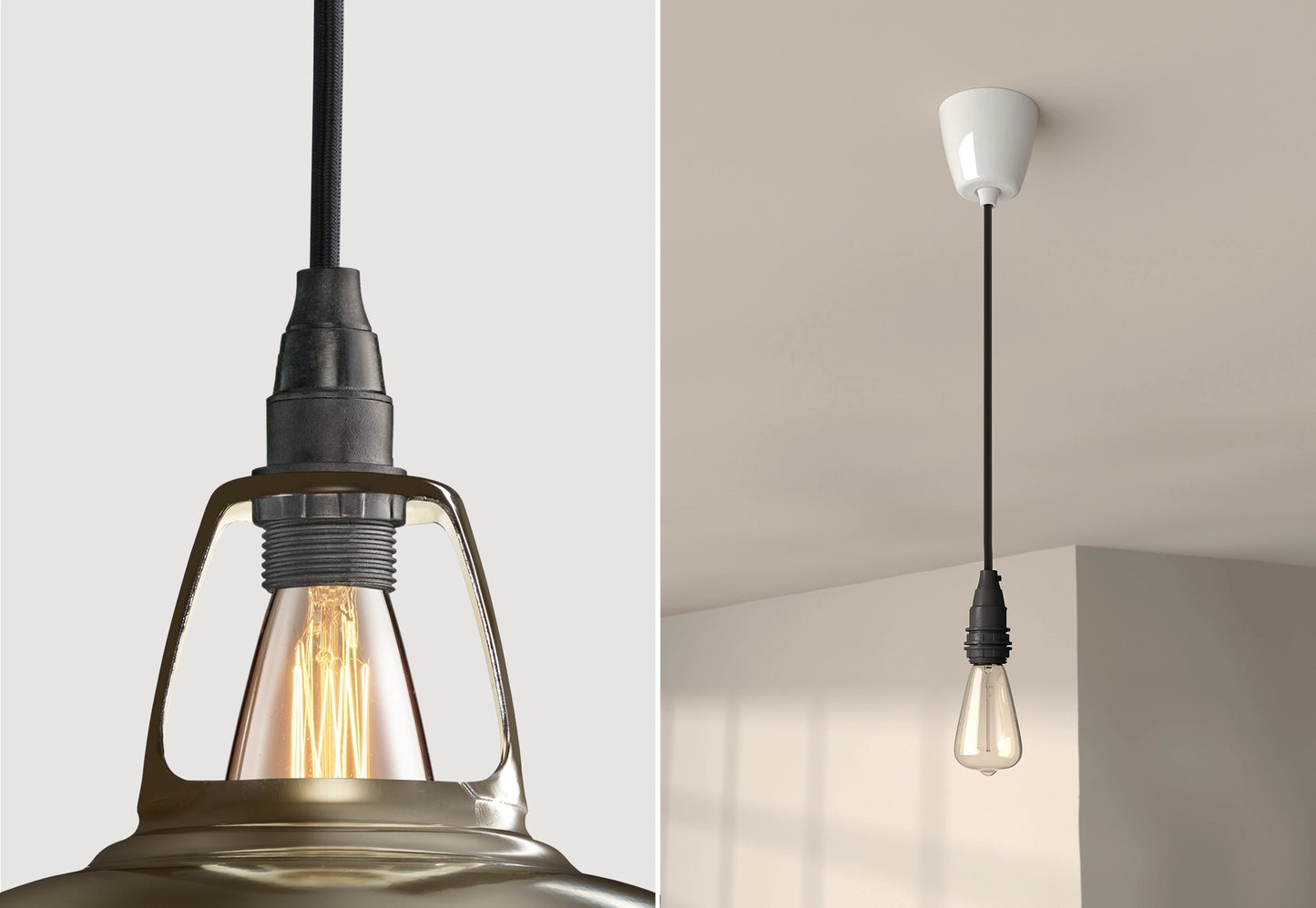 Close up of an E14 Industrial suspension set on an Antinium shade on the left. On the right, an E14 Industrial pendant set with a lightbulb is hanging from the ceiling