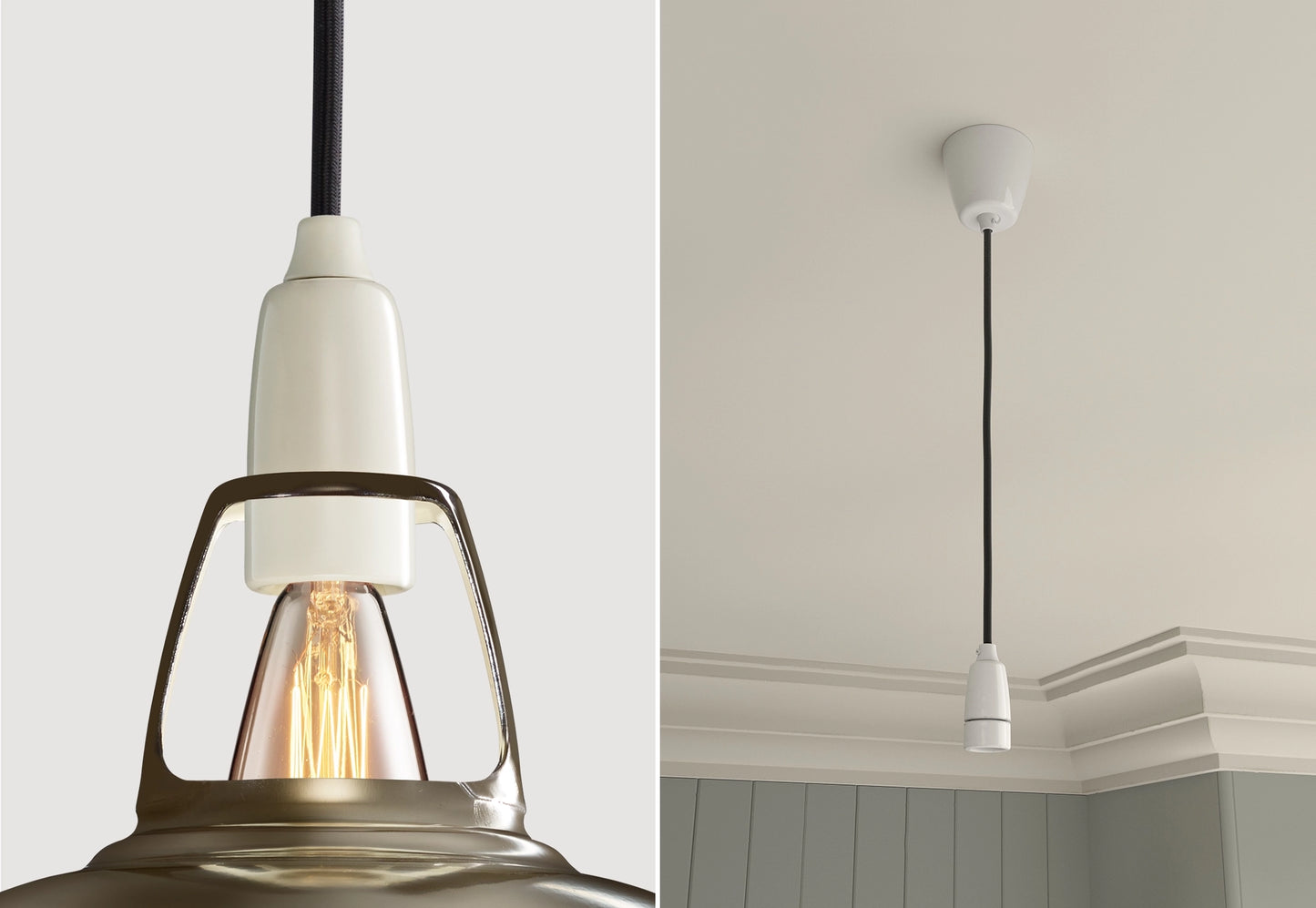 Close up of an E14 Porcelain suspension set on an Antinium shade on the left. On the right, an E14 Porcelain pendant set is hanging from the ceiling