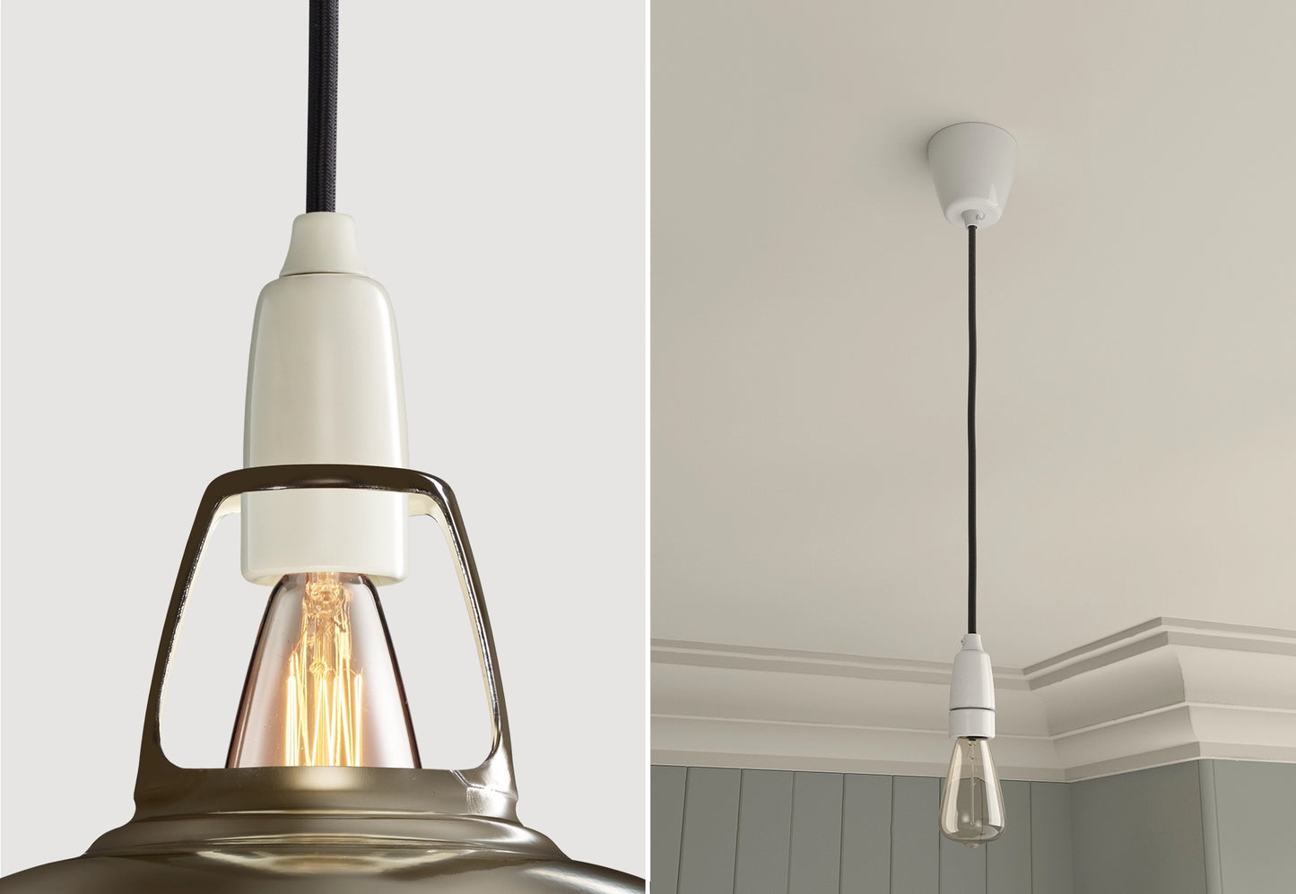 Close up of an E14 Porcelain suspension set on an Antinium shade on the left. On the right, an E14 Porcelain pendant set with a lightbulb is hanging from the ceiling