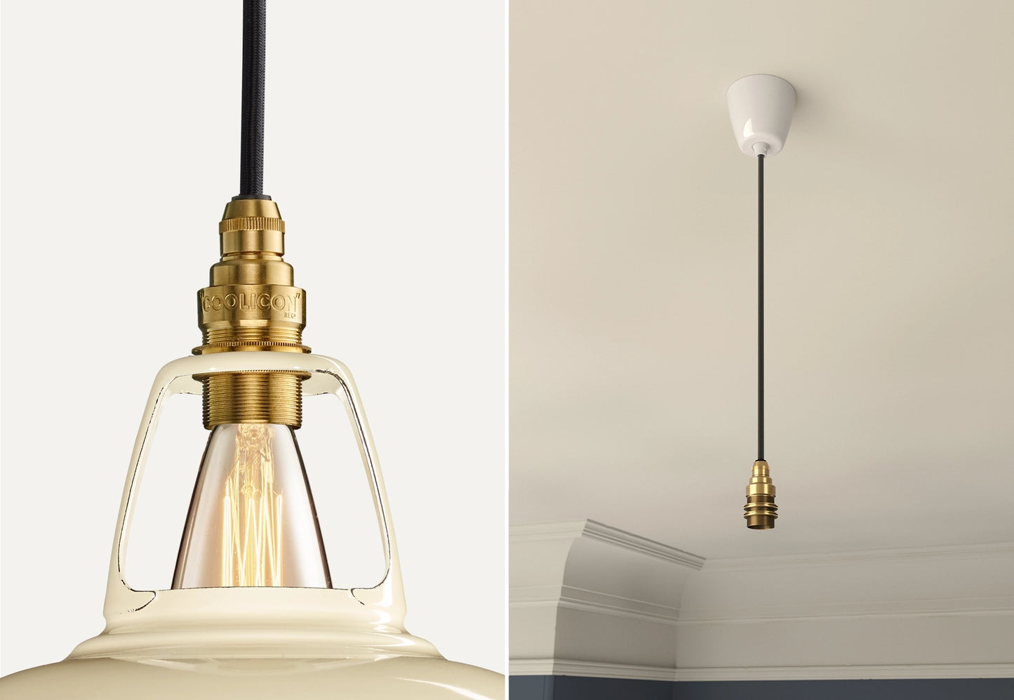 Close up of an E14 Signature Brass suspension set on a Classic Cream lampshade on the left. On the right, an E14 Brass pendant set is hanging from the ceiling