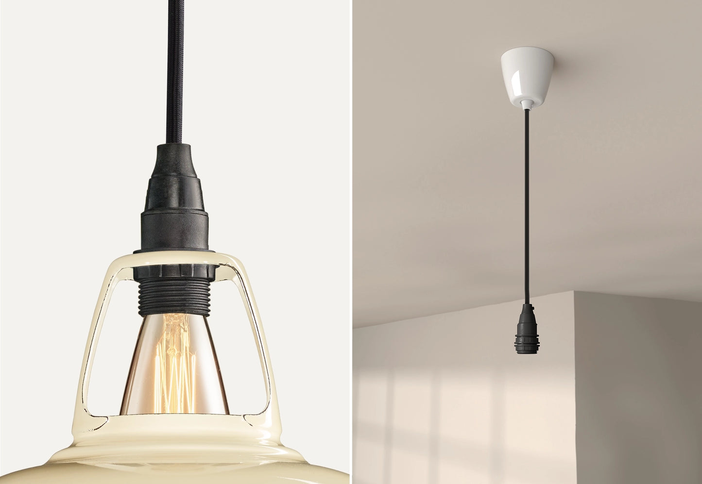 Close up of an E14 Industrial suspension set on a Classic Cream lampshade on the left. On the right, an E14 Industrial pendant set is hanging from the ceiling