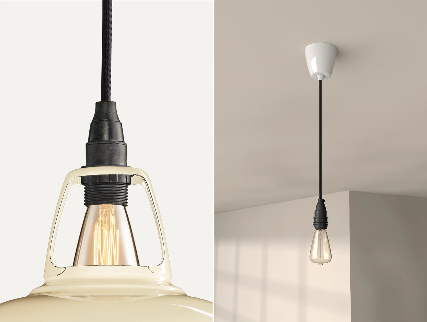 Close up of an E14 Industrial suspension set on a Classic Cream lampshade on the left. On the right, an E14 Industrial pendant set with a lightbulb is hanging from the ceiling