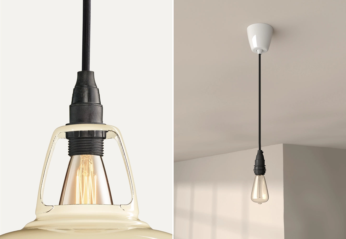 Close up of an E14 Industrial suspension set on a Classic Cream lampshade on the left. On the right, an E14 Industrial pendant set with a lightbulb is hanging from the ceiling