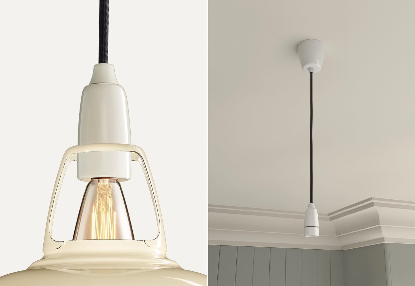Close up of an E14 Porcelain suspension set on a Classic Cream lampshade on the left. On the right, an E14 Porcelain pendant set is hanging from the ceiling