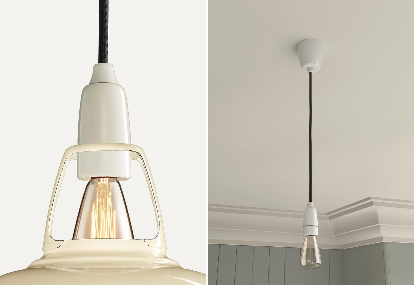 Close up of an E14 Porcelain suspension set on a Classic Cream lampshade on the left. On the right, an E14 Porcelain pendant set with a lightbulb is hanging from the ceiling