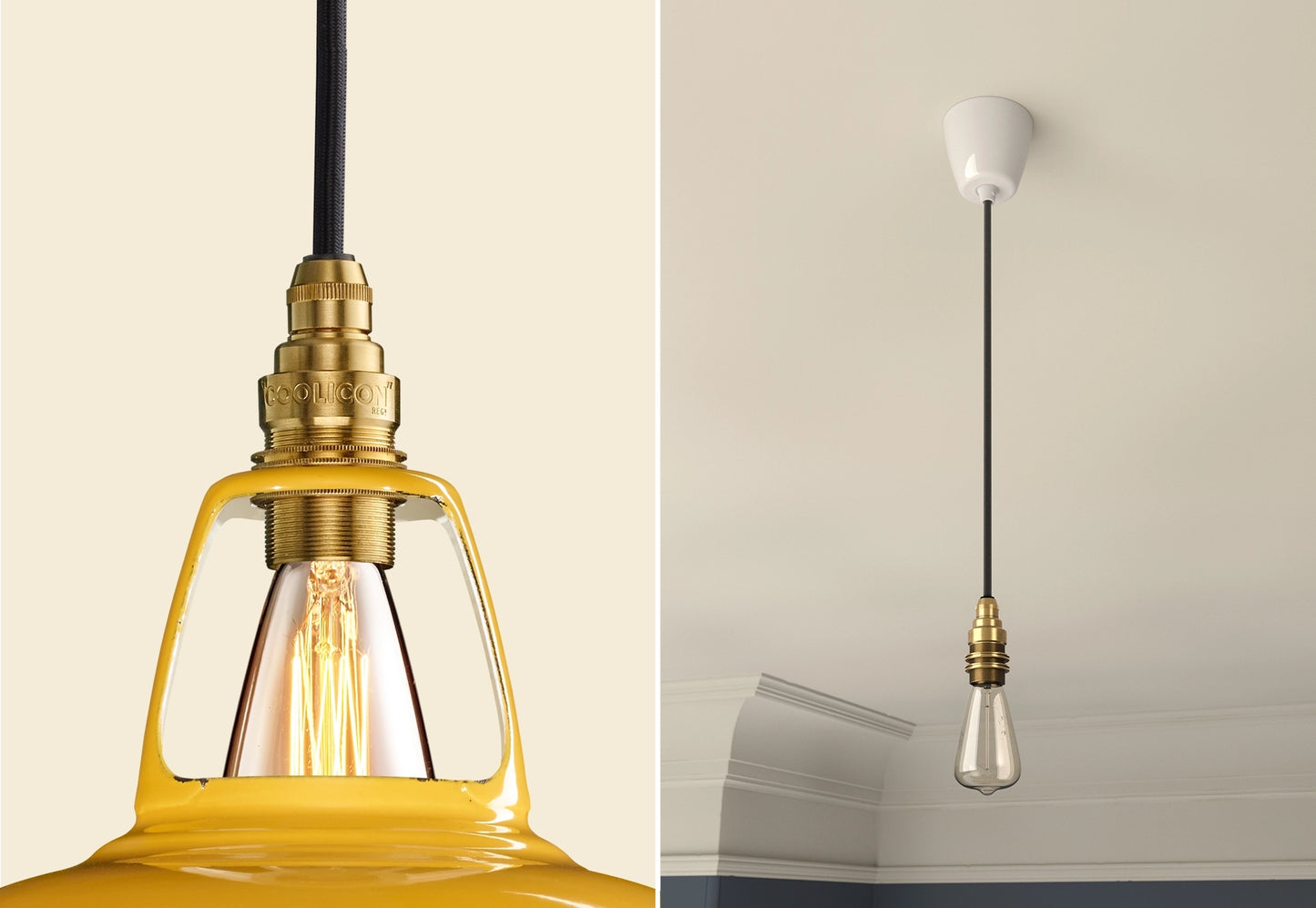 Close up of an E14 Signature Brass suspension set on a Deep Yellow lampshade on the left. On the right, an E14 Brass pendant set with a lightbulb is hanging from the ceiling