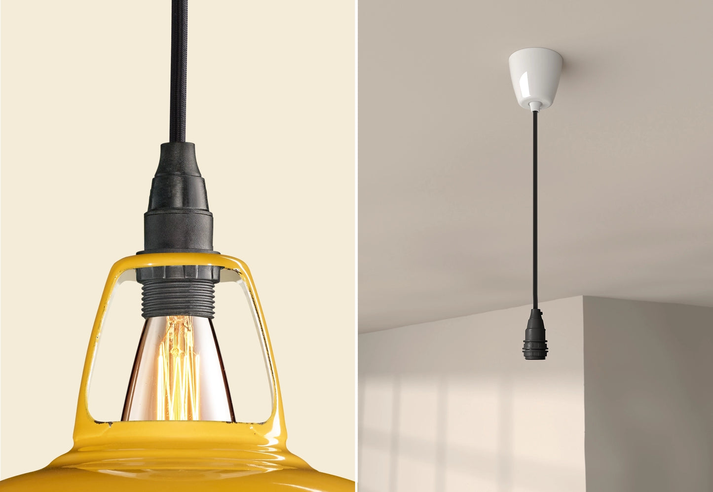 Close up of an E14 Industrial suspension set on a Deep Yellow lampshade on the left. On the right, an E14 Industrial pendant set is hanging from the ceiling