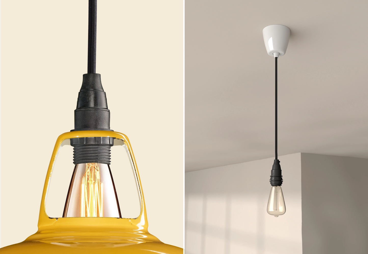 Close up of an E14 Industrial suspension set on a Deep Yellow lampshade on the left. On the right, an E14 Industrial pendant set with a lightbulb is hanging from the ceiling