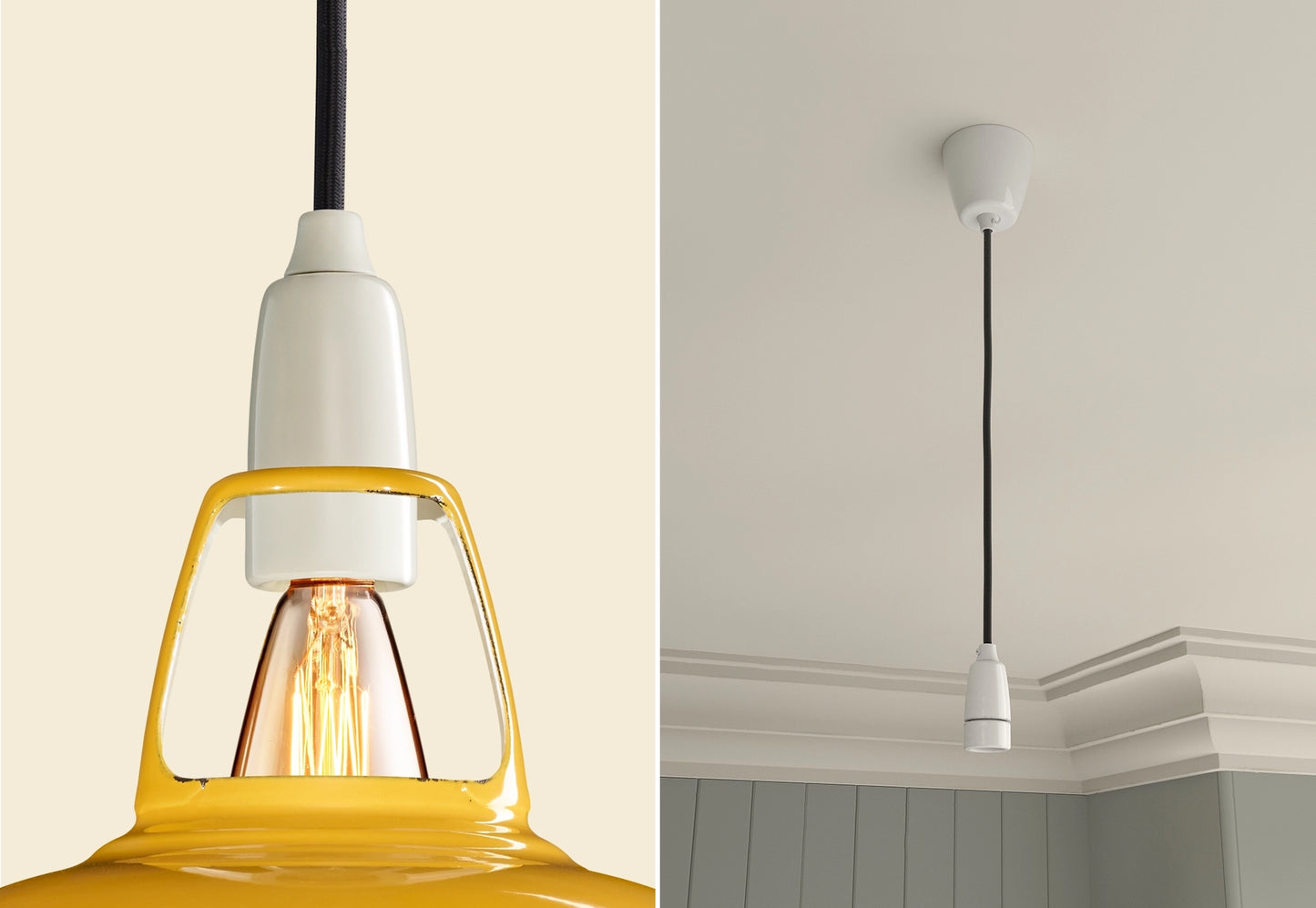 Close up of an E14 Porcelain suspension set on a Deep Yellow lampshade on the left. On the right, an E14 Porcelain pendant set is hanging from the ceiling