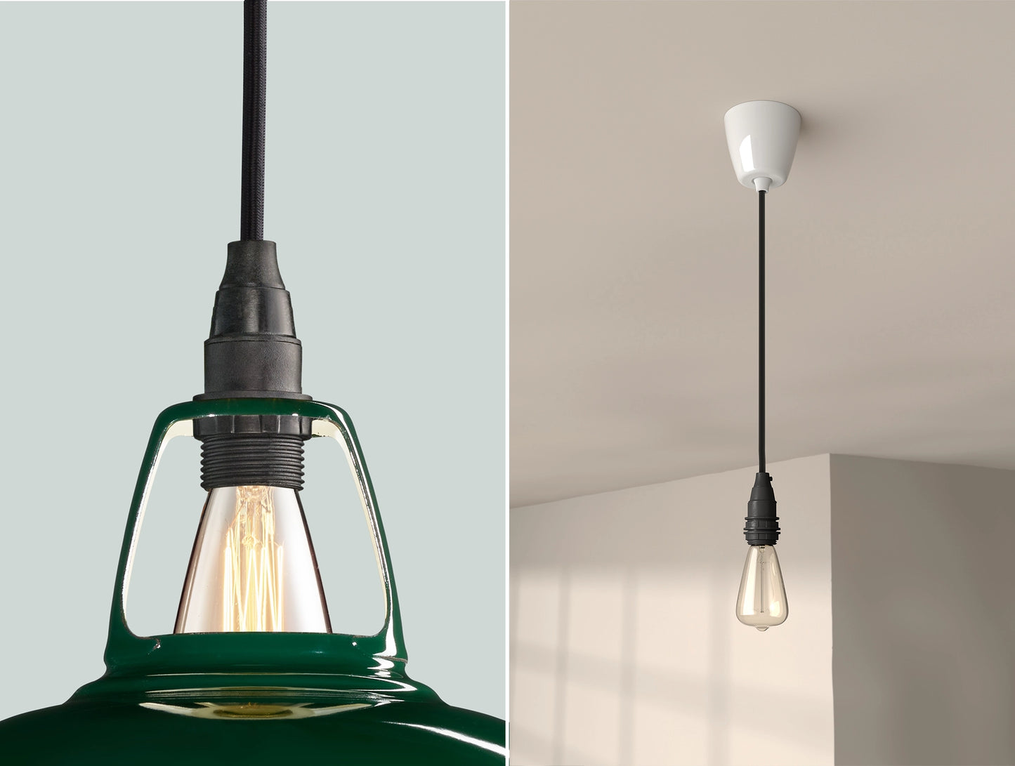 Two photos. On the left a close up of a Green Coolicon lampshade with a black Industrial style pendant set. On the right an Industrial pendant set with the braided cable, a white Vitreous Enamel ceiling cup and a lightbulb is hanging from the ceiling