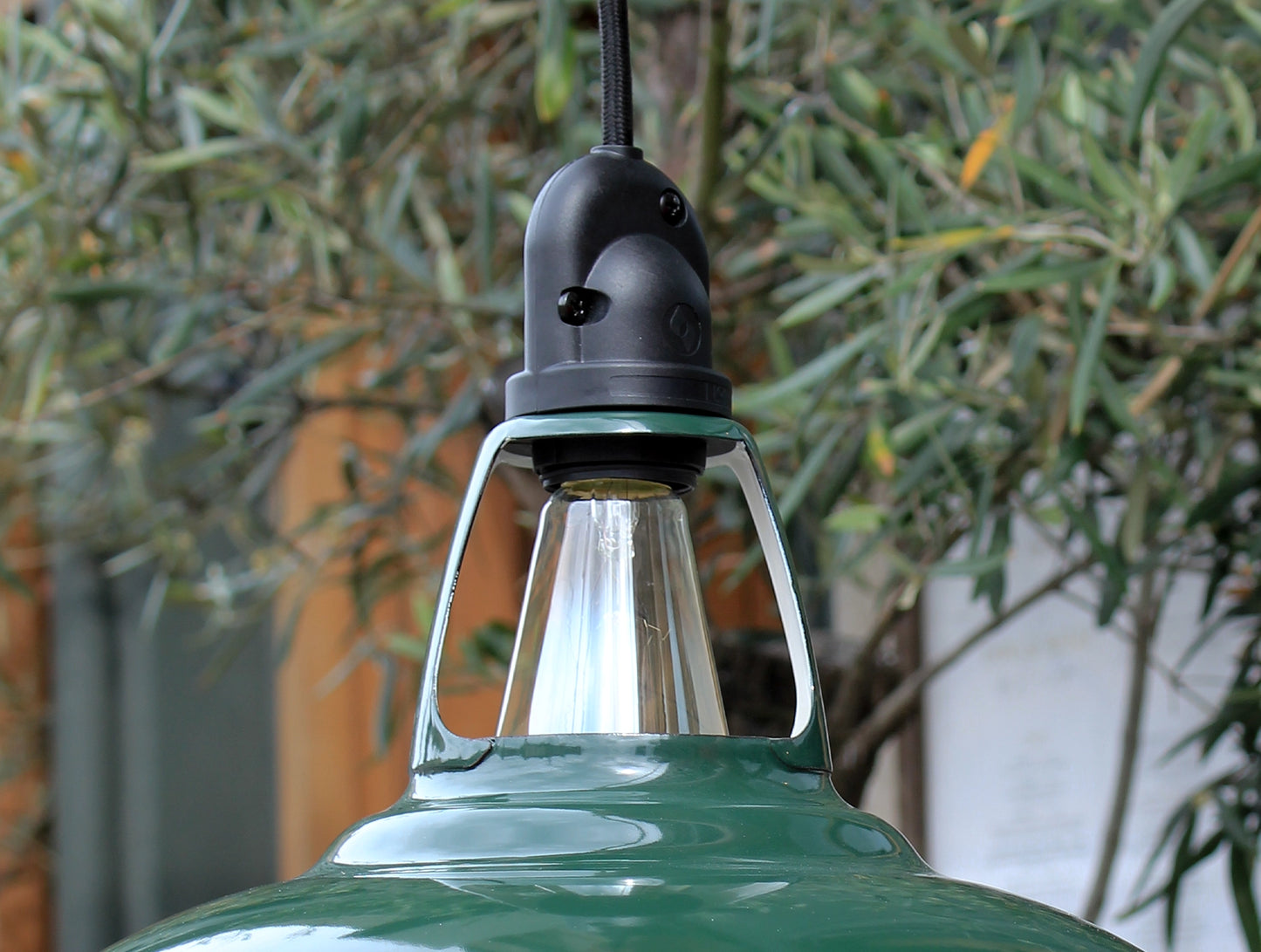 Green Coolicon Pendant lampshade with an IP65 water-resistant fitting and black over braided fabric cable in front of green olive garden tree