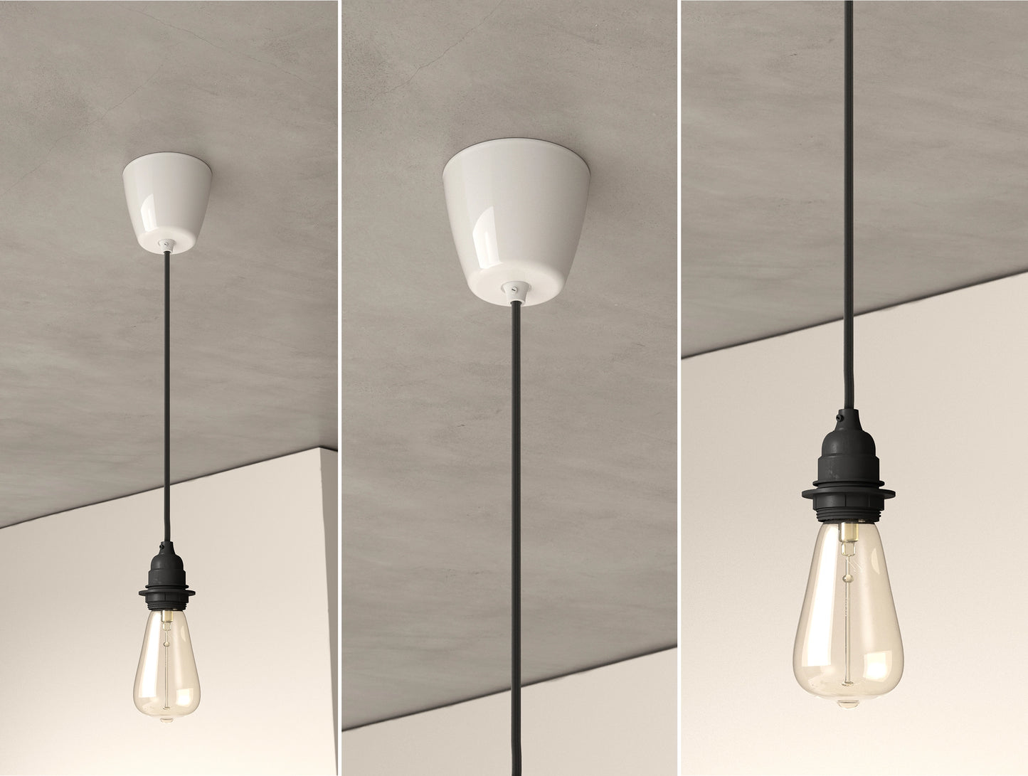 An E27 Industrial Coolicon pendant set with a Vitreous Enamel ceiling cup and an E27 lightbulb hanging from a concrete ceiling