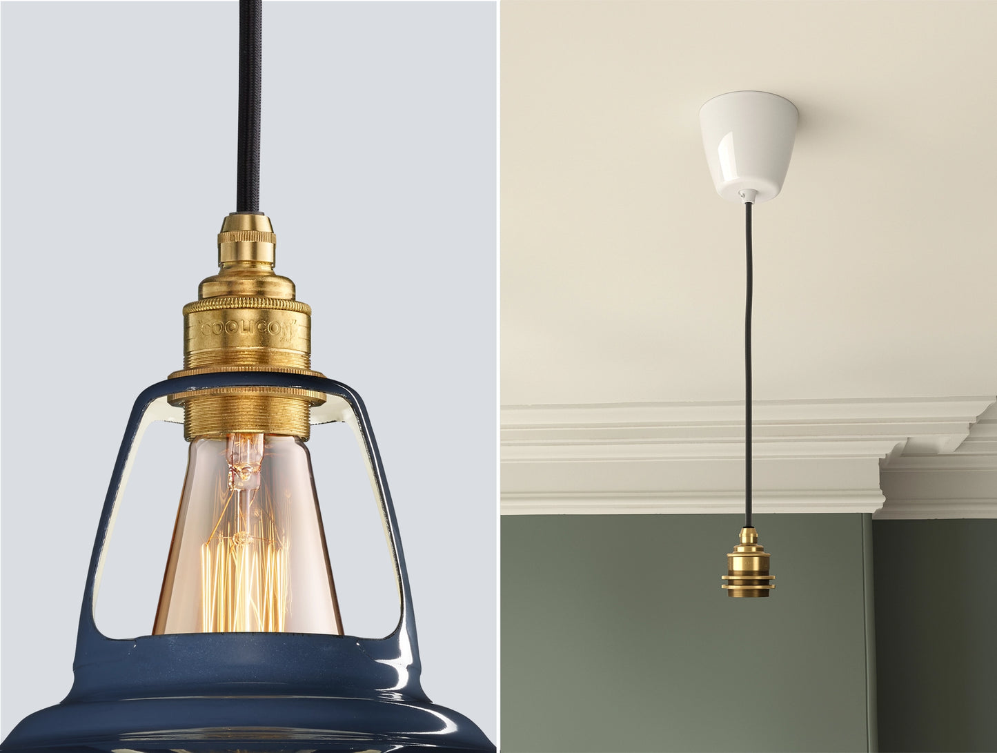 Close up of an E27 Signature Brass suspension set on a Selvedge lampshade on the left. On the right, an E27 Brass pendant set is hanging from the ceiling