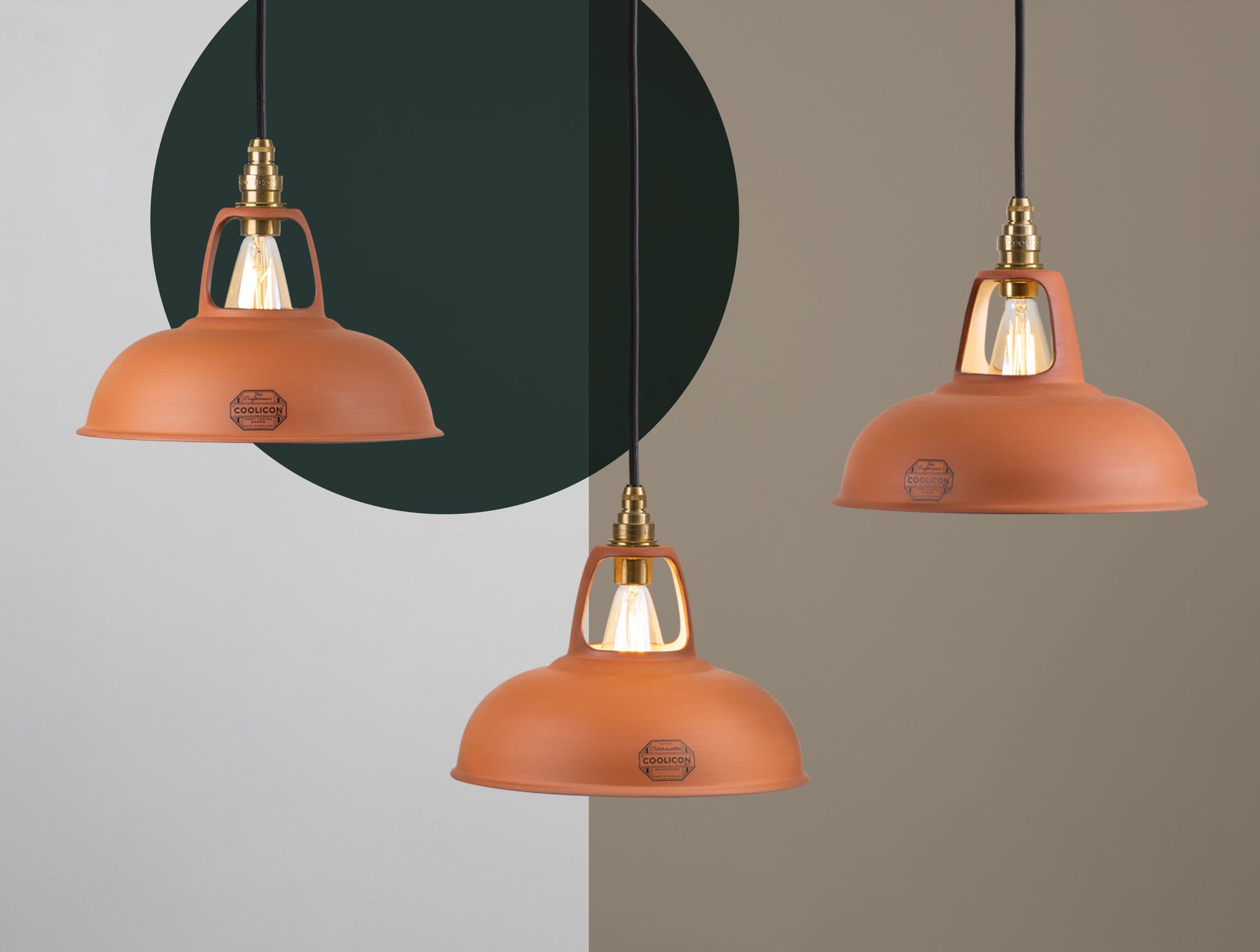 Three Natural Terracotta shades hanging over a colourful geometric background