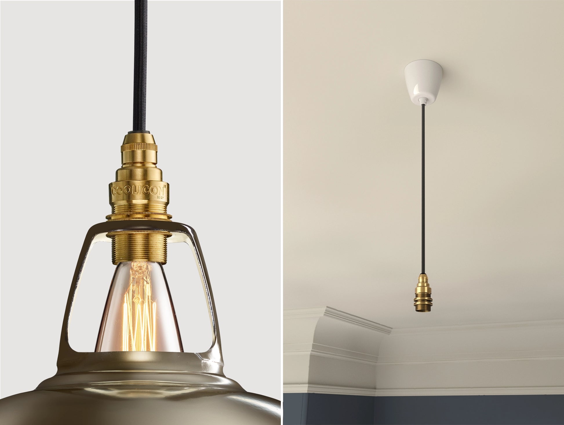 Close up of an E14 Brass suspension set on an Antinium shade on the left. On the right, an E14 Brass pendant set is hanging from the ceiling 