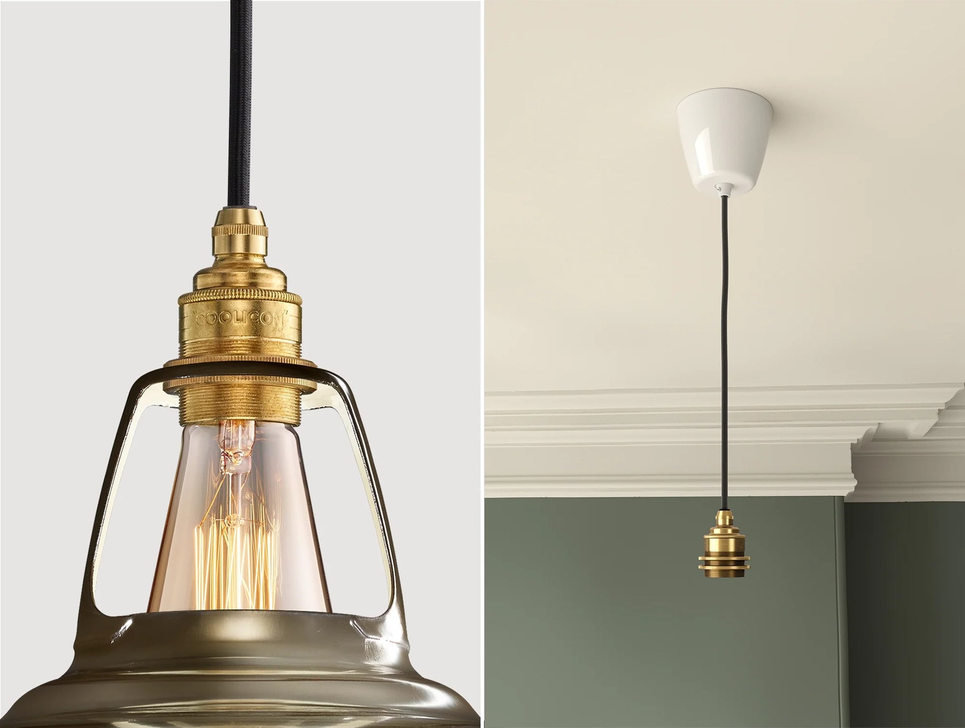Close up of an E27 Brass suspension set on an Antinium shade on the left. On the right, an E27 Brass pendant set is hanging from the ceiling