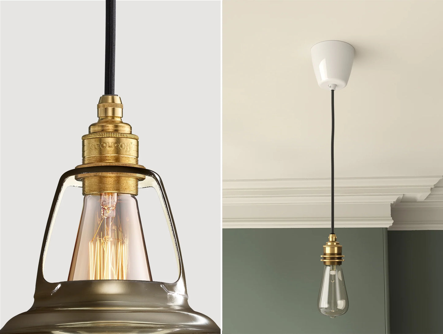 Close up of an E27 Brass suspension set on an Antinium shade on the left. On the right, an E27 Brass pendant set with a lightbulb is hanging from the ceiling