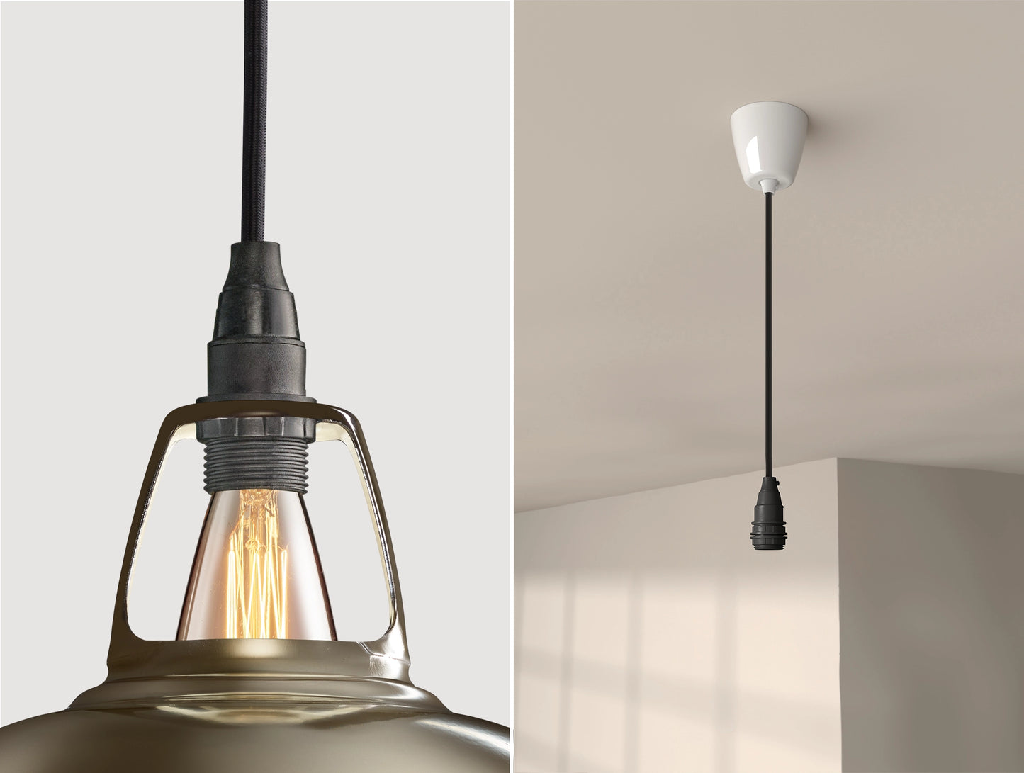Close up of an E14 Industrial suspension set on an Antinium shade on the left. On the right, an E14 Industrial pendant set is hanging from the ceiling 
