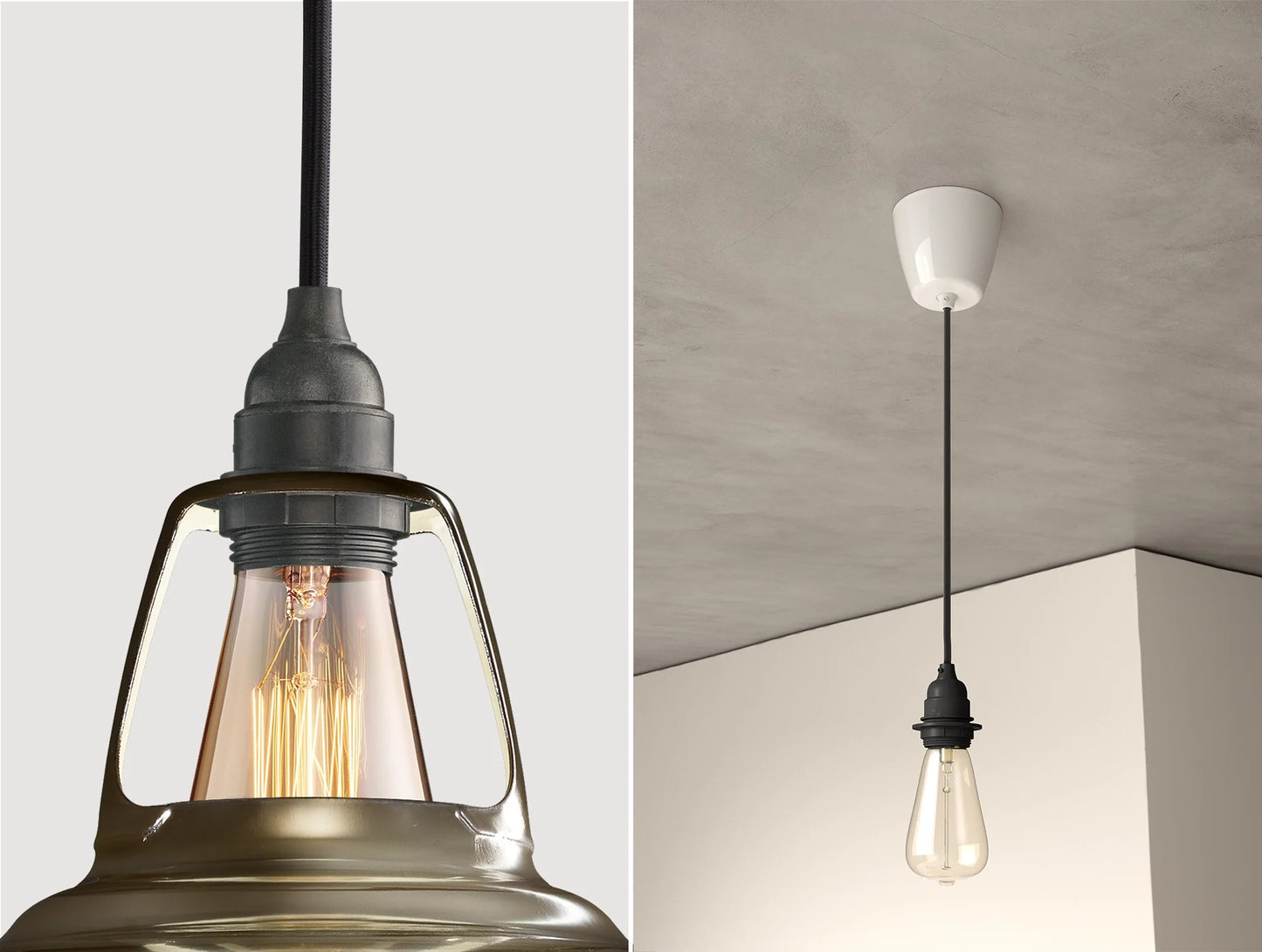 Close up of an E27 Industrial suspension set on an Antinium shade on the left. On the right, an E27 Industrial pendant set with a lightbulb is hanging from the ceiling