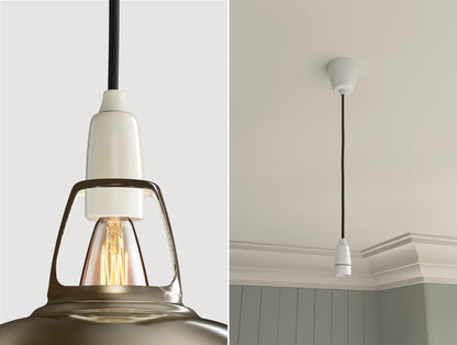 Close up of an E14 Porcelain suspension set on an Antinium shade on the left. On the right, an E14 Porcelain pendant set is hanging from the ceiling 