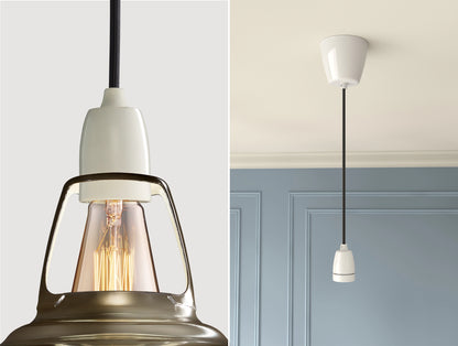 Close up of an E27 Porcelain suspension set on an Antinium shade on the left. On the right, an E27 Porcelain pendant set is hanging from the ceiling