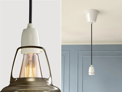 Close up of an E27 Porcelain suspension set on an Antinium shade on the left. On the right, an E27 Porcelain pendant set is hanging from the ceiling
