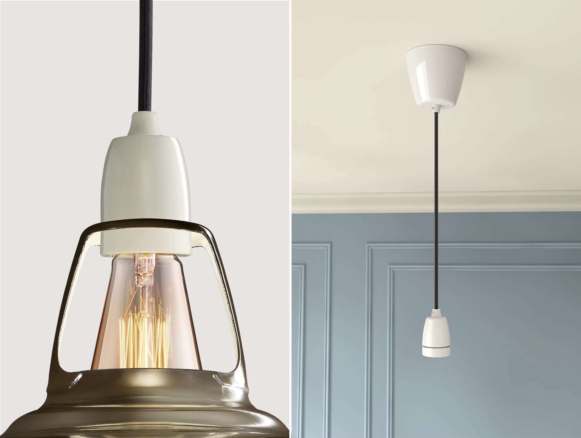 Close up of an E27 Porcelain suspension set on an Antinium shade on the left. On the right, an E27 Porcelain pendant set is hanging from the ceiling