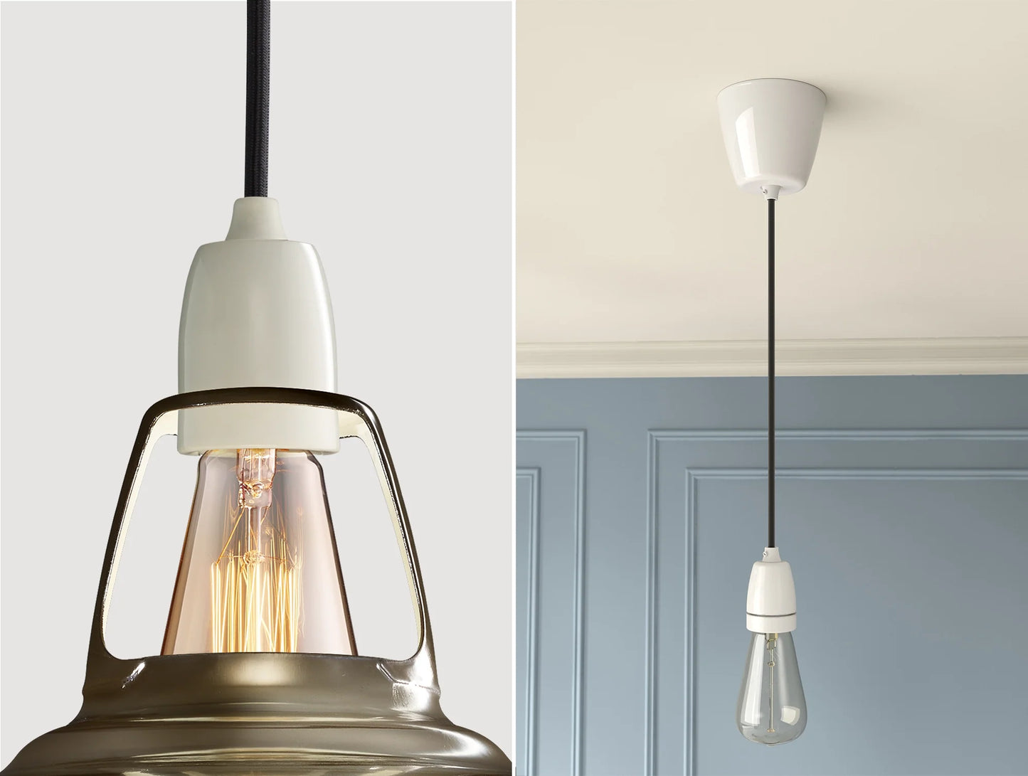 Close up of an E27 Porcelain suspension set on an Antinium shade on the left. On the right, an E27 Porcelain pendant set with a lightbulb is hanging from the ceiling