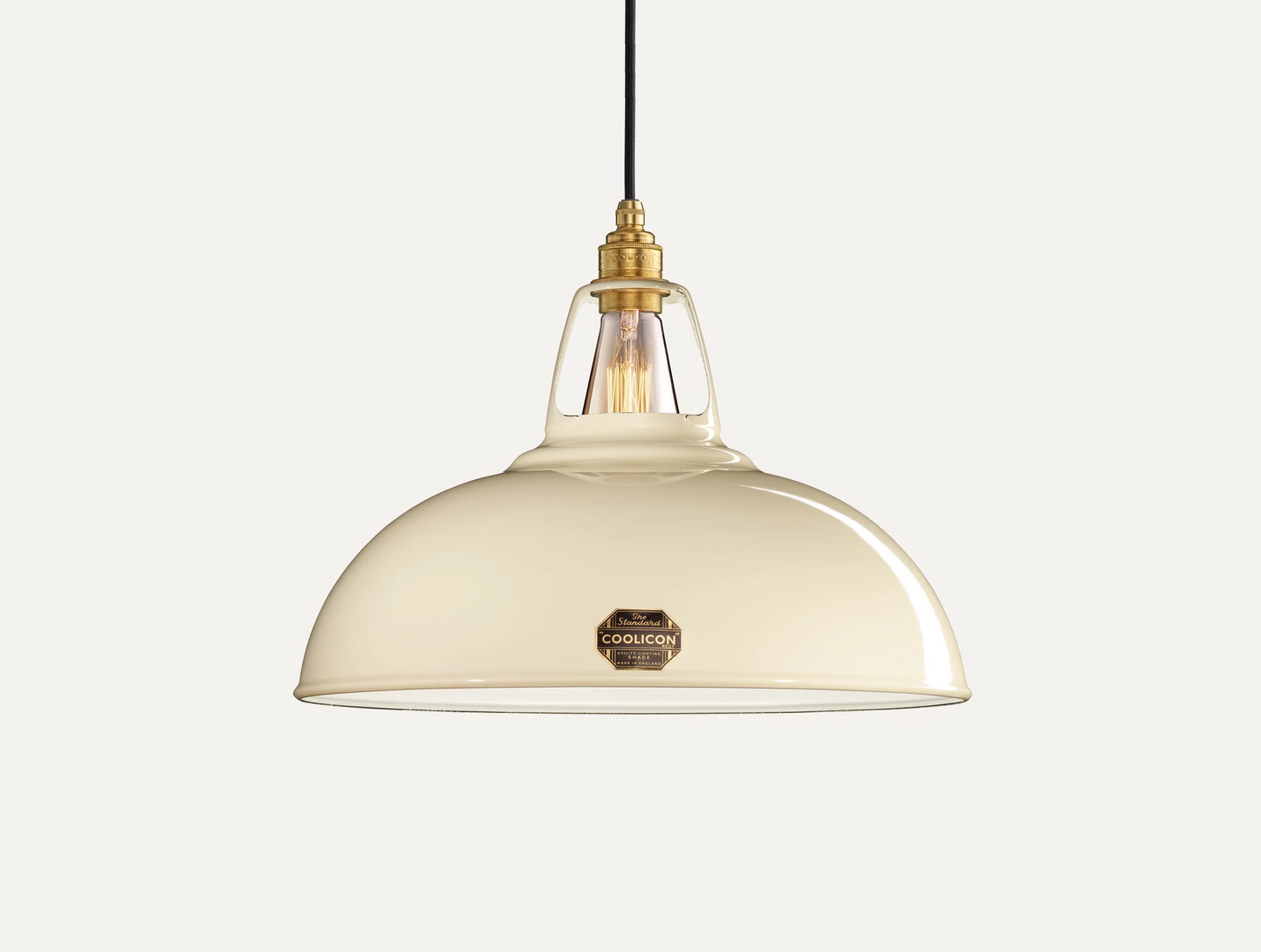 Large Classic Cream Coolicon lampshade with a black Industrial pendant set over a light cream background