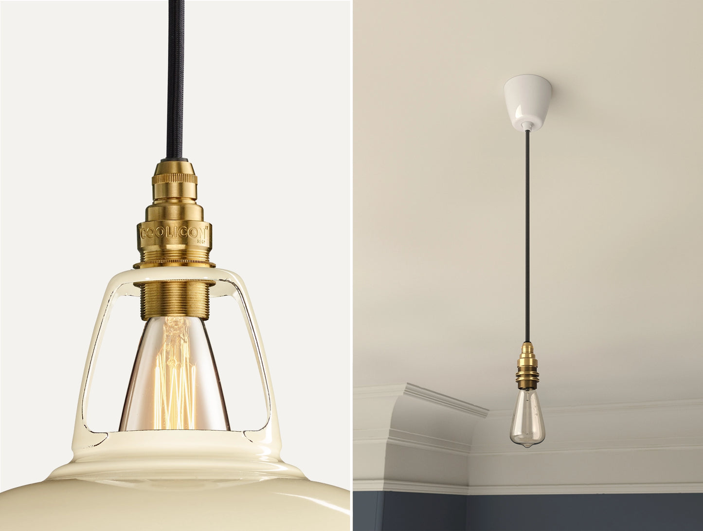 Close up of an E14 Signature Brass suspension set on a Paper Cream lampshade on the left. On the right, an E14 Brass pendant set with a lightbulb is hanging from the ceiling