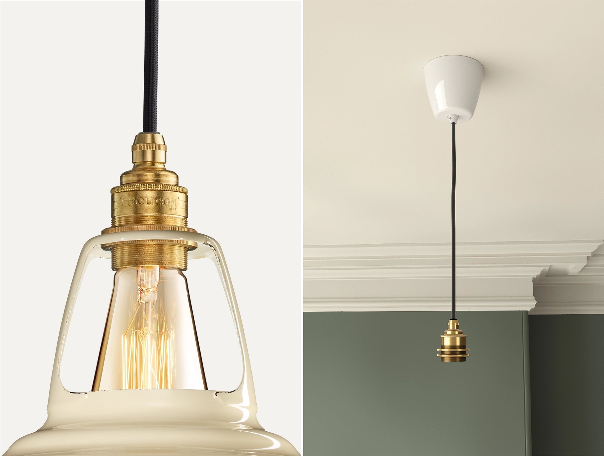 Close up of an E27 Signature Brass suspension set on a Classic Cream lampshade on the left. On the right, an E27 Brass pendant set is hanging from the ceiling