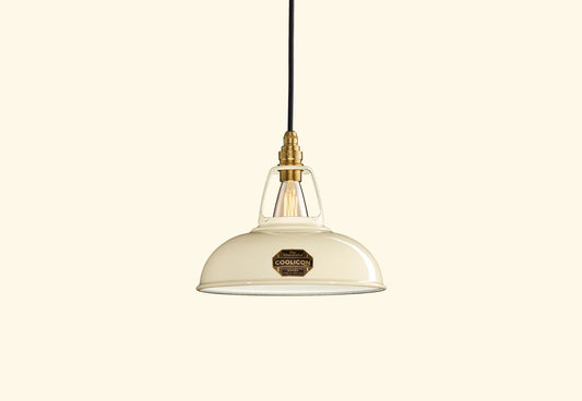 Classic Cream Coolicon lampshade with a Brass pendant set over a light cream background