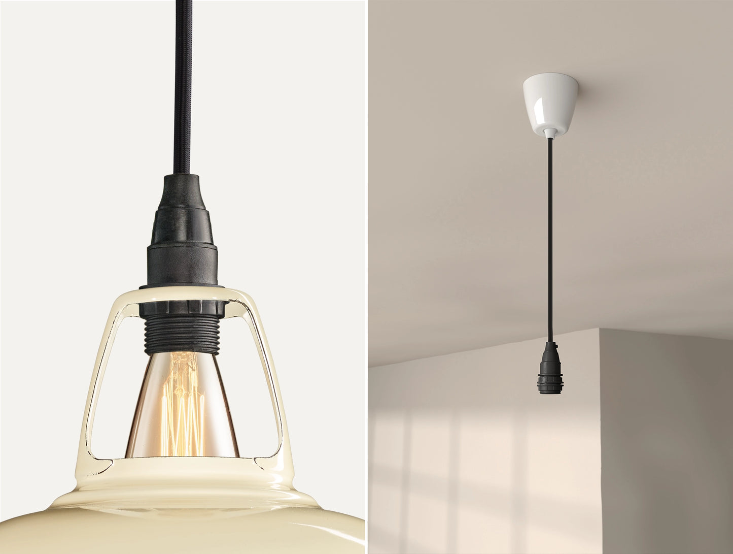 Close up of an E14 Industrial suspension set on a Classic Cream lampshade on the left. On the right, an E14 Industrial pendant set is is hanging from the ceiling