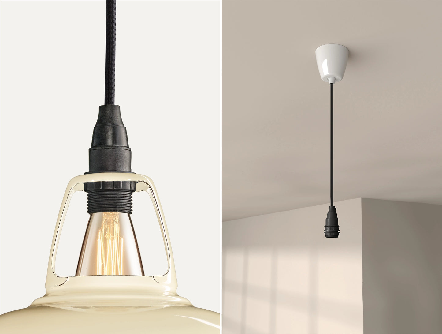 Close up of an E14 Industrial suspension set on a Underground Map lampshade on the left. On the right, an E14 Industrial pendant set is hanging from the ceiling