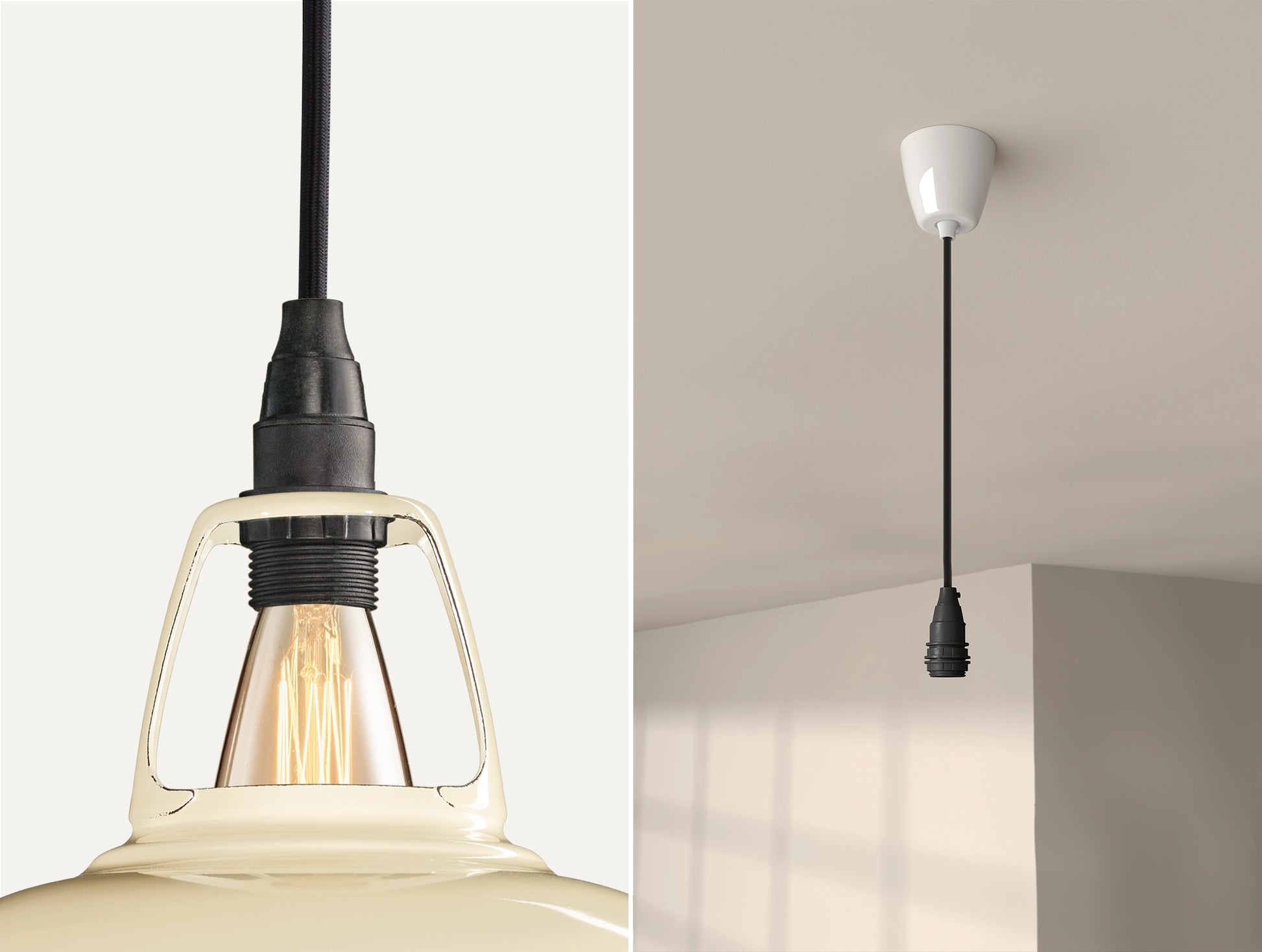 Close up of an E14 Industrial suspension set on a Paper Cream lampshade on the left. On the right, an E14 Industrial pendant set is is hanging from the ceiling
