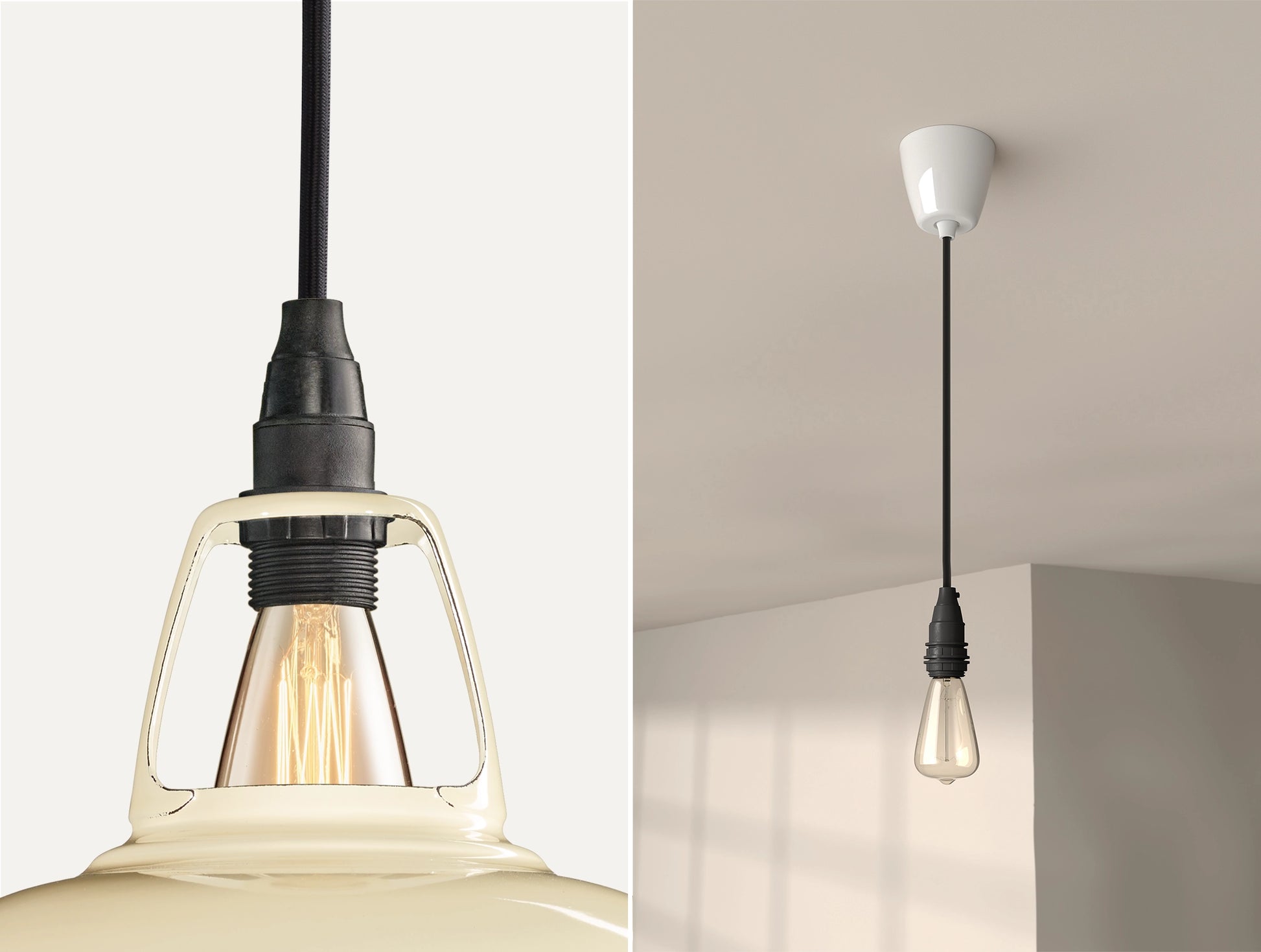 Close up of an E14 Industrial suspension set on a Paper Cream lampshade on the left. On the right, an E14 Industrial pendant set with a lightbulb is is hanging from the ceiling