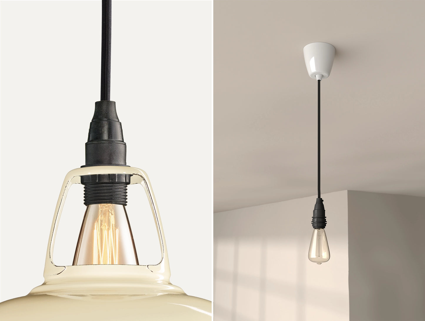 Close up of an E14 Industrial suspension set on a Underground Map lampshade on the left. On the right, an E14 Industrial pendant set with a lightbulb is hanging from the ceiling