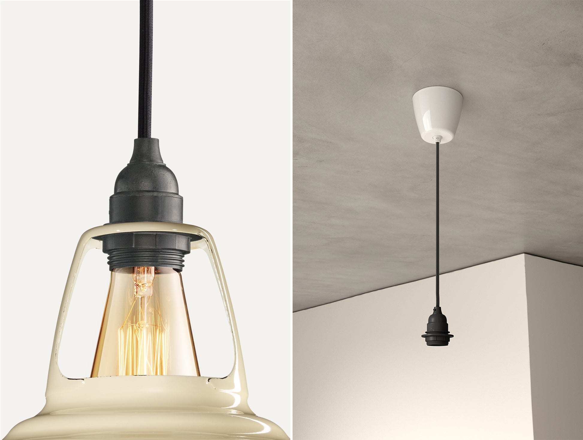 Close up of an E27 Industrial suspension set on a Classic Cream lampshade on the left. On the right, an E27 Industrial pendant set is hanging from the ceiling