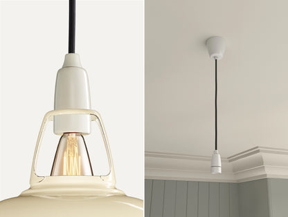 Close up of an E14 Porcelain suspension set on a Classic Cream lampshade on the left. On the right, an E14 Porcelain pendant set is hanging from the ceiling