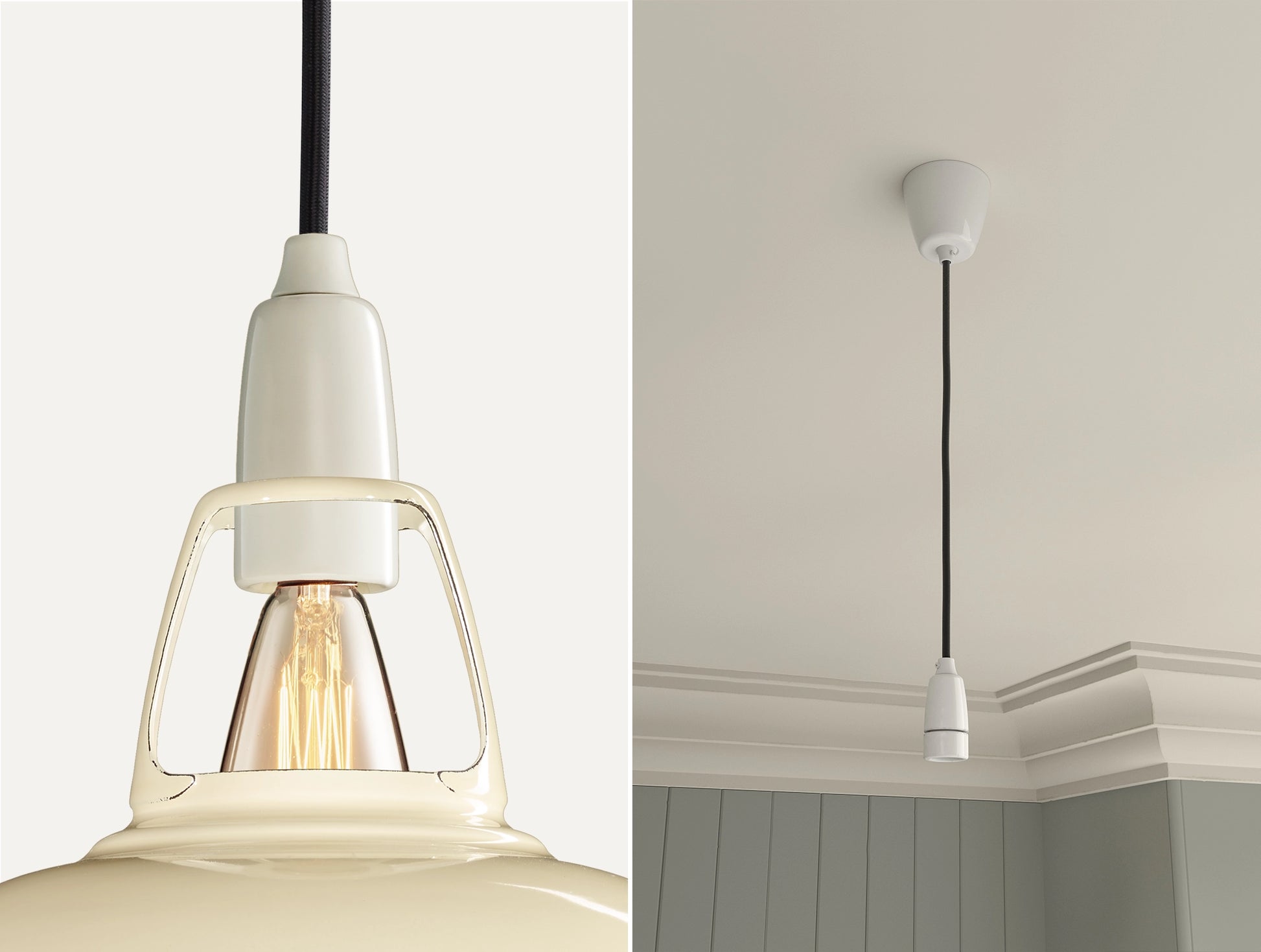 Close up of an E14 Porcelain suspension set on a Paper Cream lampshade on the left. On the right, an E14 Porcelain pendant set is hanging from the ceiling