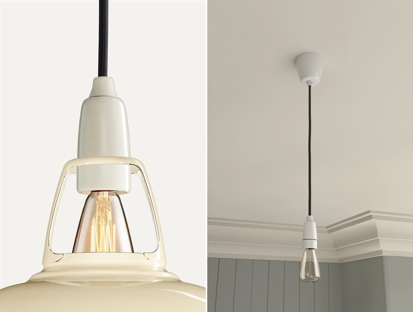 Close up of an E14 Porcelain suspension set on a Classic Cream lampshade on the left. On the right, an E14 Porcelain pendant set with a lightbulb is hanging from the ceiling