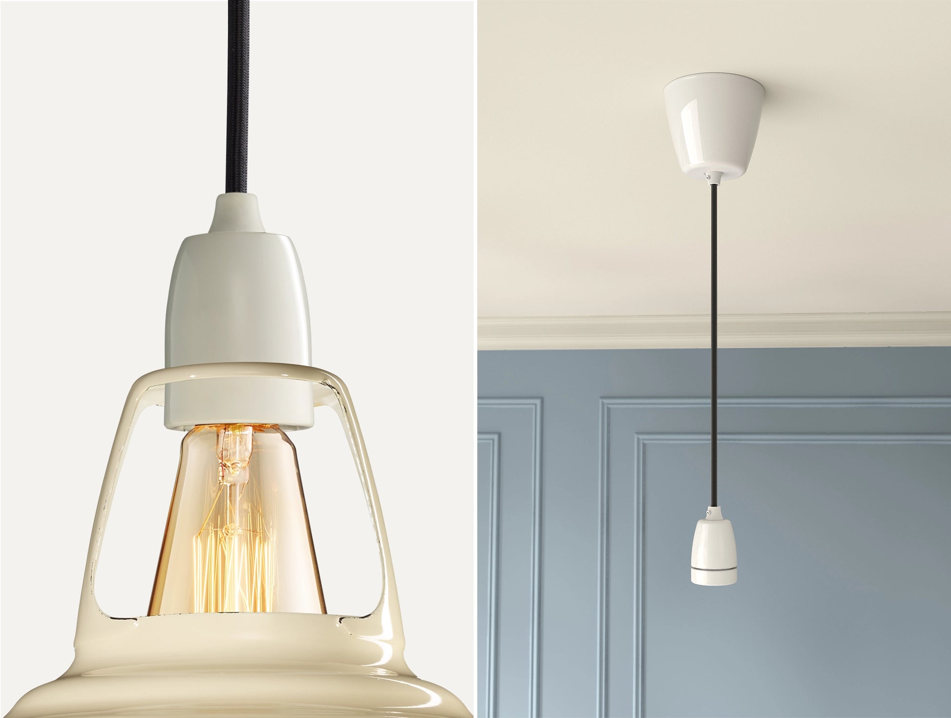 Close up of an E27 Porcelain suspension set on a Classic Cream lampshade on the left. On the right, an E27 Porcelain pendant set is hanging from the ceiling