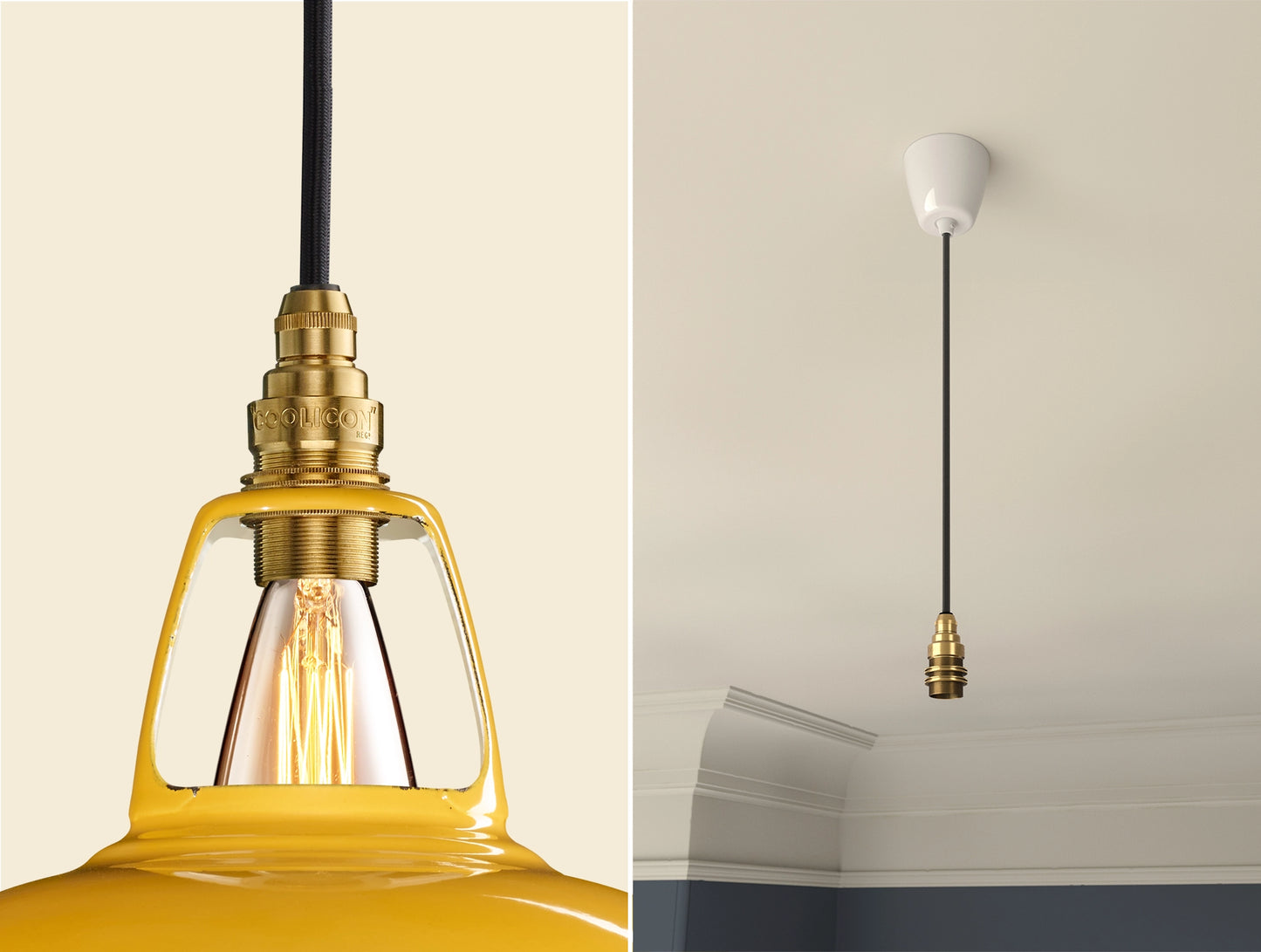 Close up of an E14 Signature Brass suspension set on a Deep Yellow lampshade on the left. On the right, an E14 Brass pendant set is hanging from the ceiling