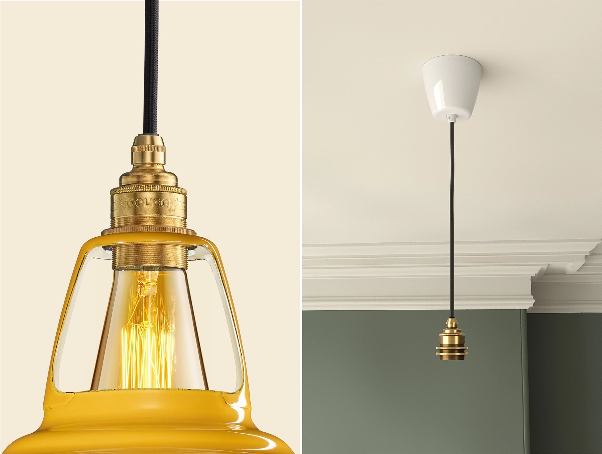 Close up of an E27 Signature Brass suspension set on a Deep Yellow lampshade on the left. On the right, an E27 Brass pendant set is hanging from the ceiling