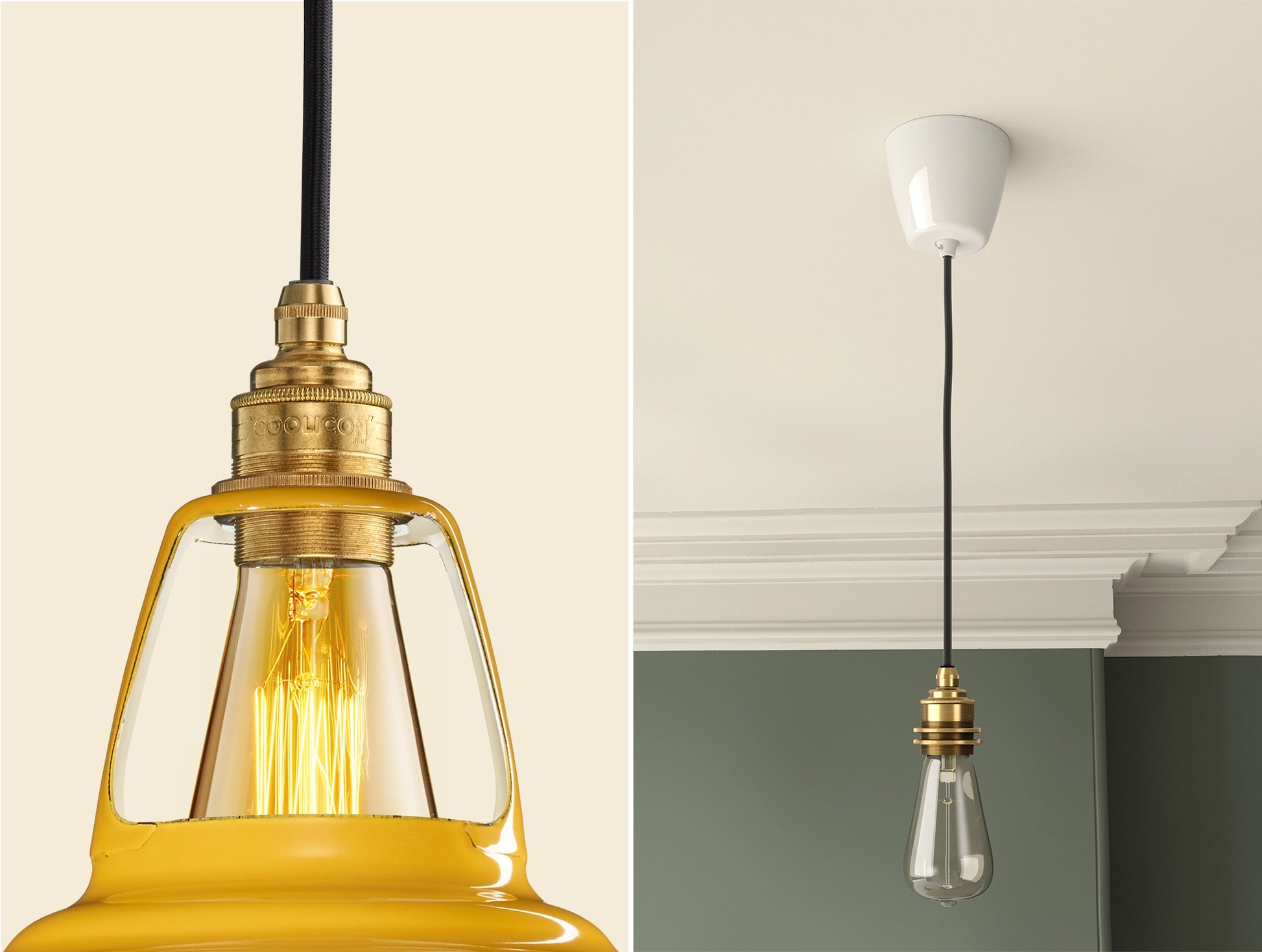Close up of an E27 Signature Brass suspension set on a Deep Yellow lampshade on the left. On the right, an E27 Brass pendant set with a lightbulb is hanging from the ceiling