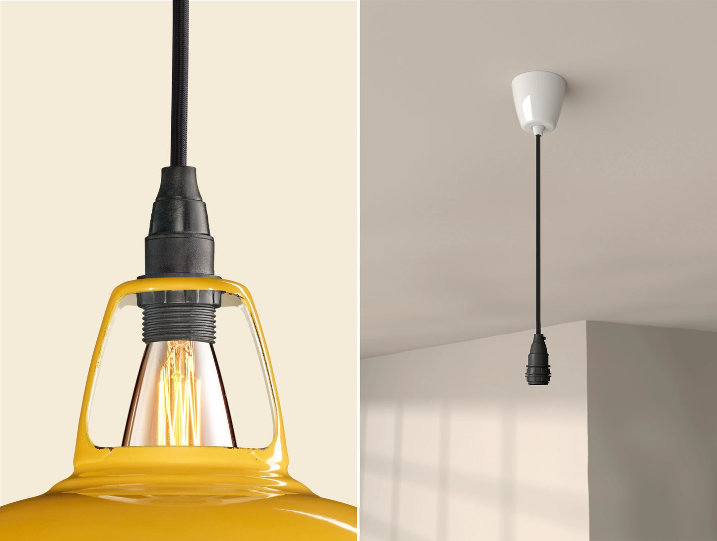 Close up of an E14 Industrial suspension set on a Deep Yellow lampshade on the left. On the right, an E14 Industrial pendant set is hanging from the ceiling