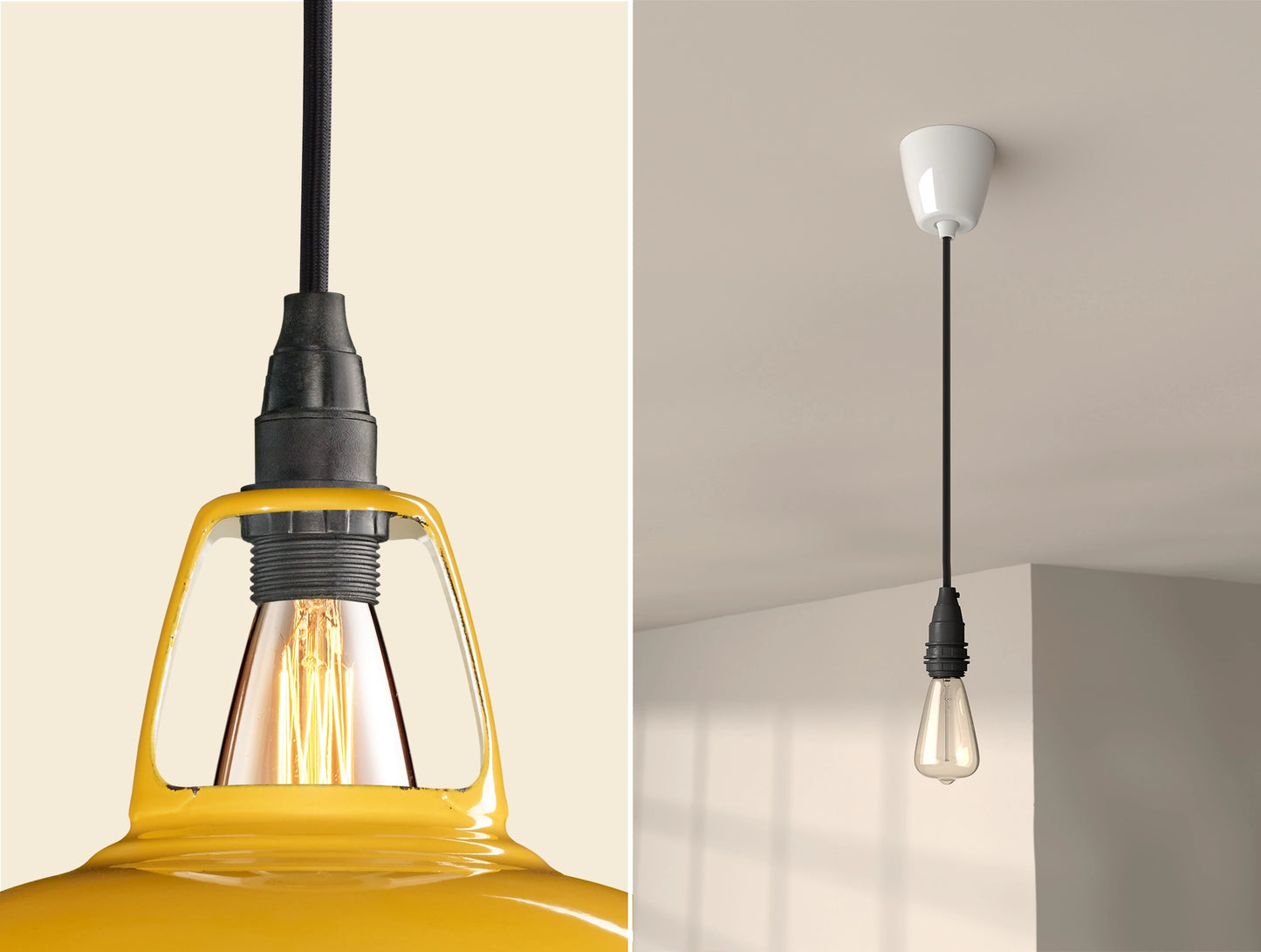 Close up of an E14 Industrial suspension set on a Deep Yellow lampshade on the left. On the right, an E14 Industrial pendant set with a lightbulb is hanging from the ceiling