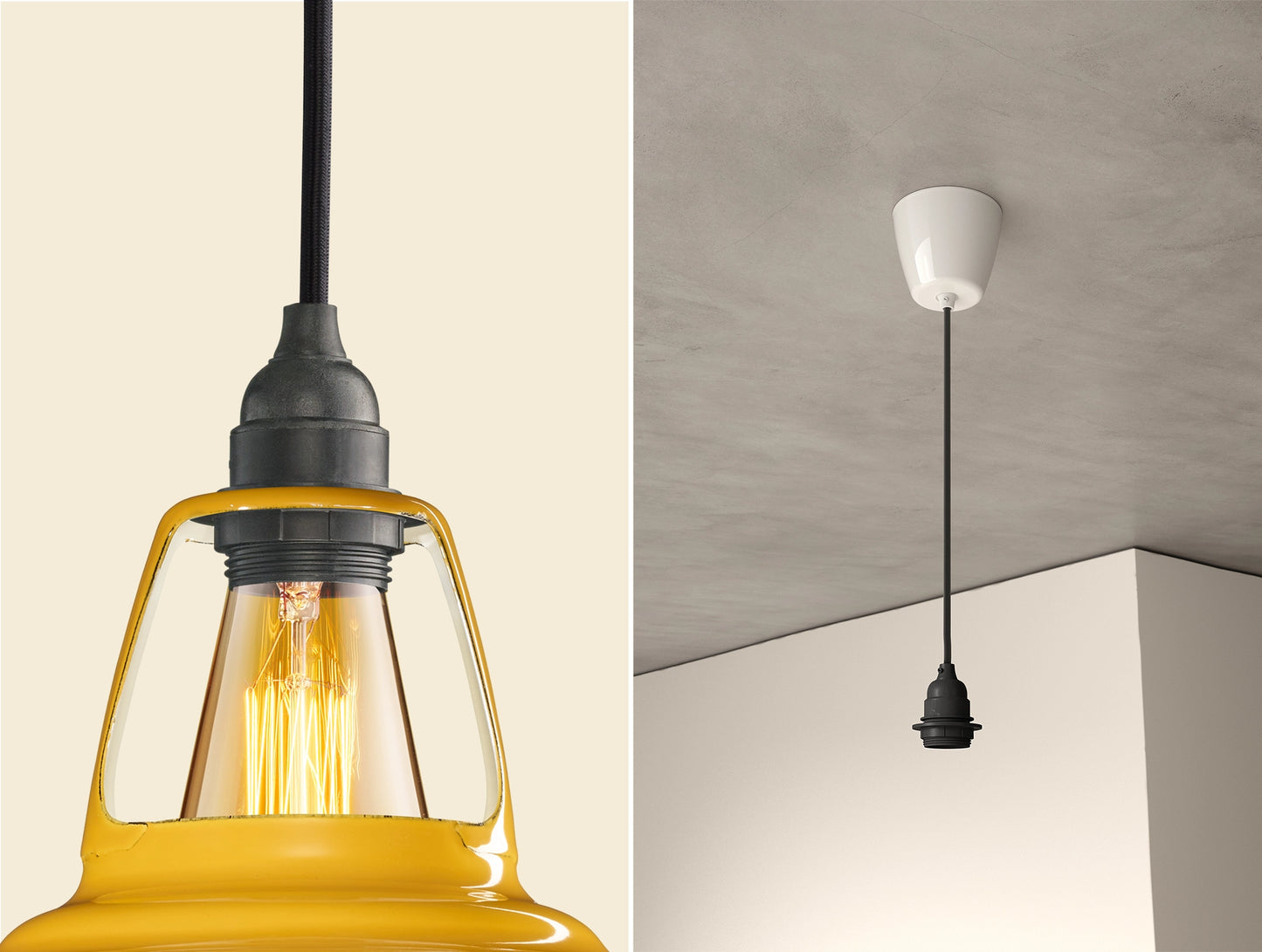 Close up of an E27 Industrial suspension set on a Deep Yellow lampshade on the left. On the right, an E27 Industrial pendant set is hanging from the ceiling
